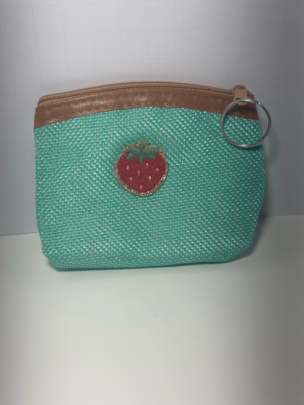 Strawberry Accent Teal Coin Pouch